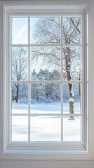 Vertical photo of a bright and white window with a beautiful winter landscape view