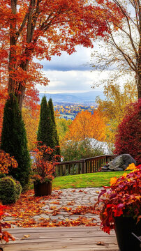 A vertical photo of a backyard surrounded by trees in the fall season