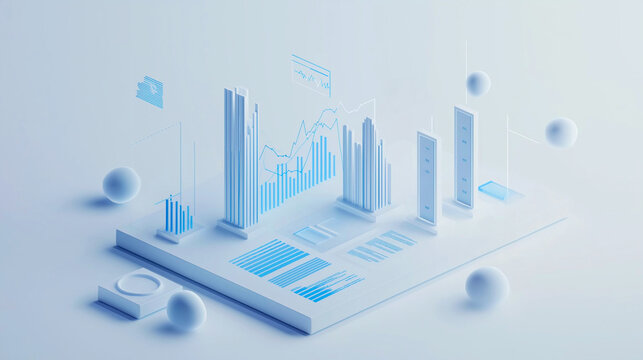 3D isometric illustrations of cloud technology, graphs, and charts floating in the air, minimalistic