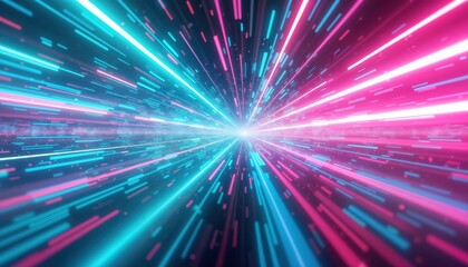 Abstract digital background features vibrant blue mint, pink neon lines. Interlaced design creates futuristic, dynamic effect resembling speed data streaming. Cyberpunk, retro-futuristic aesthetics