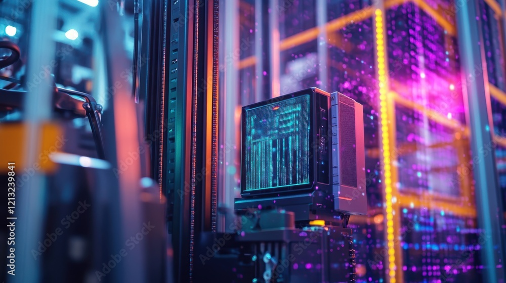 Poster automated guided vehicle or agv is carrying a server computer in modern data center with neon lights