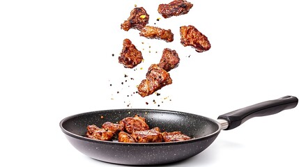 Roasted meat steaks with crispy edges falling into a frying pan on white background