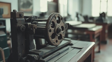 Obraz premium Close-up of vintage printing press in workshop.