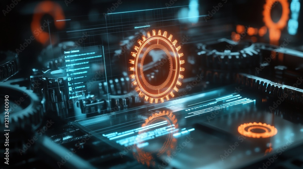 Poster futuristic computer processor featuring glowing gears and flowing code, representing cutting edge te