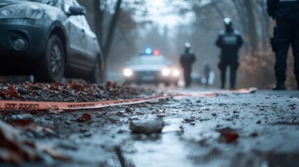 Obraz premium Police investigation at a crime scene during a foggy evening in a wooded area