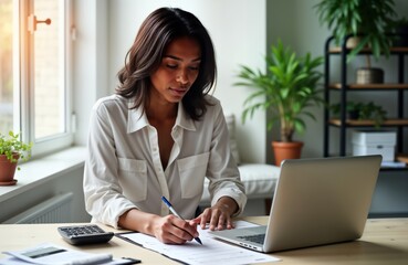 Black woman accountant works at home office using laptop, documents. Sits at wooden desk. Looks focused working on financial paperwork. Calculates numbers. Looks pro. Indoor home office setting.