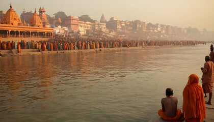 A tranquil scene of pilgrims immersing themselves in the Ganges River during the Kumbh Mela,...
