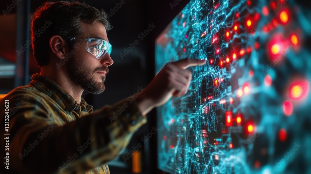 Poster scientist wearing safety glasses points at a futuristic transparent touchscreen displaying complex d