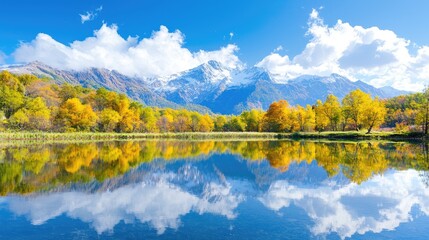 Autumnal lake reflecting mountains, vibrant foliage. Peaceful landscape ideal for calendars
