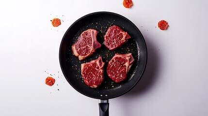Falling steaks from above into a sizzling frying pan on a clean white background