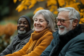 Happy seniors in their 50s and 60s, diverse group, laughing outdoors, vibrant background, sunny day, healthy and active lifestyle, smiling faces, joyful atmosphere