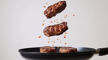 Sizzling meat steaks falling into a pan on a pristine white background