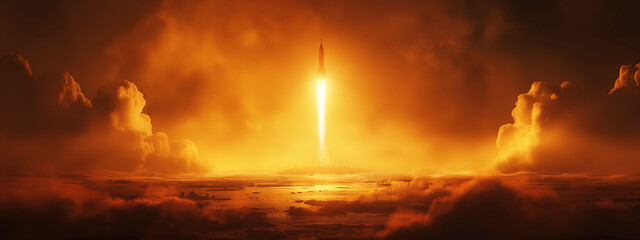Obraz premium Futuristic spacecraft ignites the hazy orange atmosphere of Titan during launch at dusk