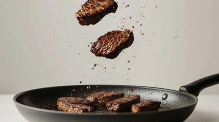 Crispy roasted steaks falling into a frying pan on a white background with a sizzling sound