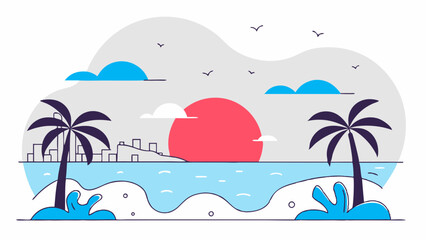 Tropical sea sunset with red evening light, clouds, skyline and coastal silhouette.