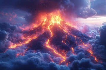 Fototapeta premium mystical volcano scene at midnight with vibrant lava cascading in vivid reds and oranges soft ash clouds swirl softly above creating a surreal atmosphere glowing stars twinkle in a dark sky