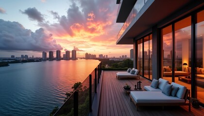 Fototapeta premium Miami skyline sunset view from upscale apartment balcony. Modern furnishings, floor to ceiling windows showcase panoramic city scape. Calm water reflects vibrant colors of sunset. Luxurious terrace.