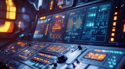 Obraz premium Complex digital interface featuring various charts, graphs, and data visualizations on multiple screens, highlighting advanced technological control in a spacecraft setting