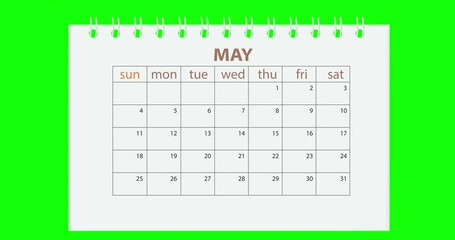 Calendar for 2025 new year from january to december flipping through month. Close up of flipped calendar page change on green background. Chroma key. 4k video graphic motion