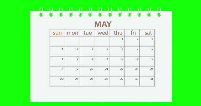 Calendar for 2025 new year from january to december flipping through month. Close up of flipped calendar page change on green background. Chroma key. 4k video graphic motion