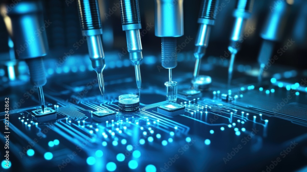 Poster automated robotic arms precisely placing components onto a circuit board, representing advanced manu
