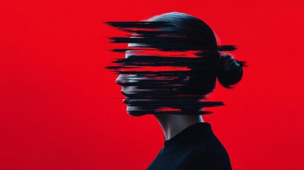 Abstract portrait of a woman with distorted features against a vibrant red background