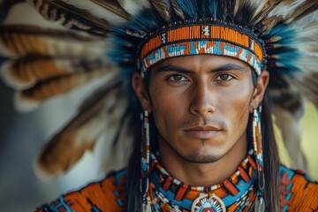 Obraz premium native american american indian in traditional attire adorned with costume jewelry and feathers standing proudly in a natural setting that reflects cultural authenticity and spirituality