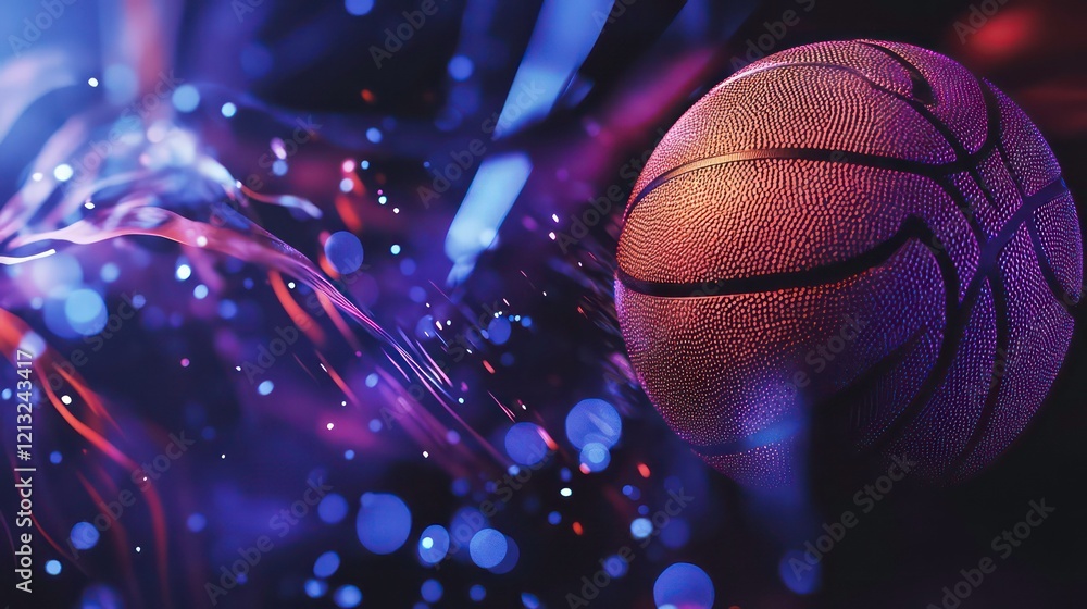 Poster close-up of a basketball in motion, surrounded by vibrant light trails and bokeh effects.