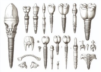 Detailed illustration of dental implants with artistic and anatomical designs