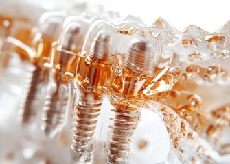 Fototapeta premium Macro imagery of dental implants within a transparent structural medium