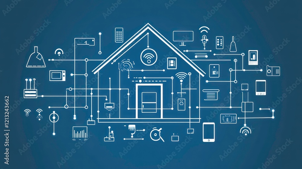 Poster smart home technology network illustration showing interconnected devices and appliances within a ho