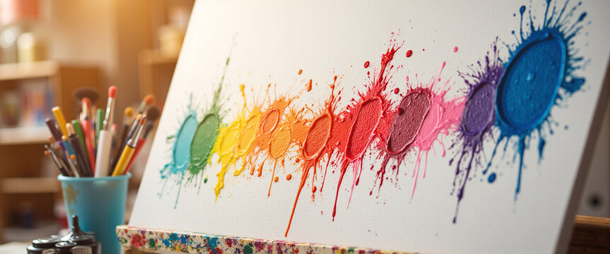 Colorful paint splatters on a canvas with brushes in a cup conveying creative energy and the feeling of wasted potential in an art studio background