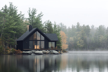 A tranquil black cabin sits gracefully by a serene lake, enveloped by a misty forest, as the gentle light of early morning begins to illuminate the scene