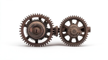 Two rusty cogwheels interlocked, isolated on white background.