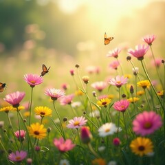 Obraz premium Butterflies and bees hover over pink flowers in a sunlit meadow, creating a serene and vibrant springtime scene. Generative, AI,