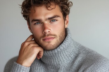 Fototapeta premium Portrait of a man wearing a cozy grey sweater in soft lighting