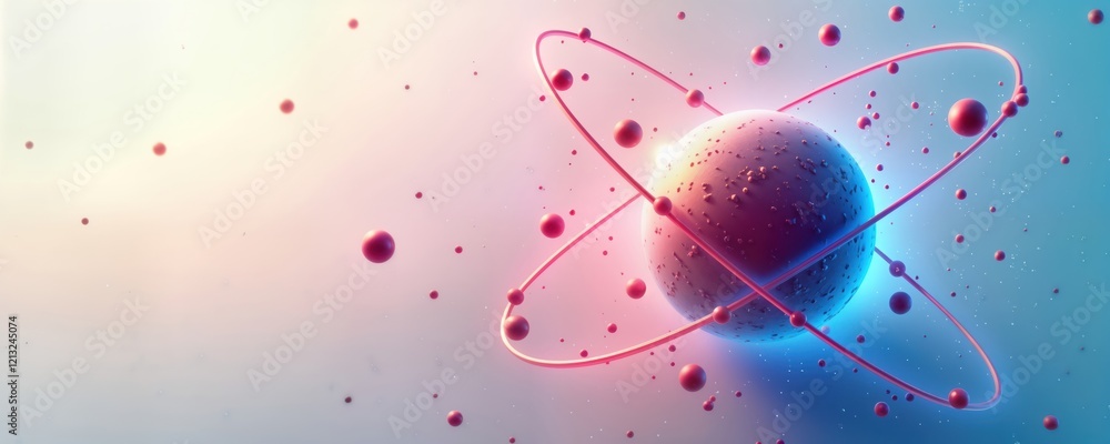 Poster detailed illustration of atom. modern scientific visualization of atomic structure in futuristic sty