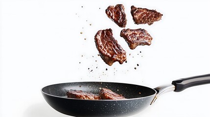 Hot roasted steaks falling into a frying pan on white background with crispy edges