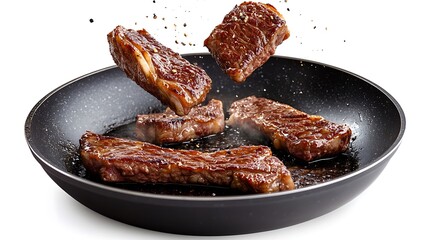 Hot roasted steaks falling into a frying pan on white background with crispy edges