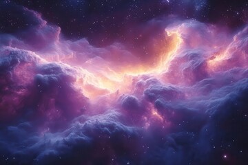 nebula birth in deep space swirling cosmic dust illuminated by newborn stars iridescent colors blend in infinite darkness