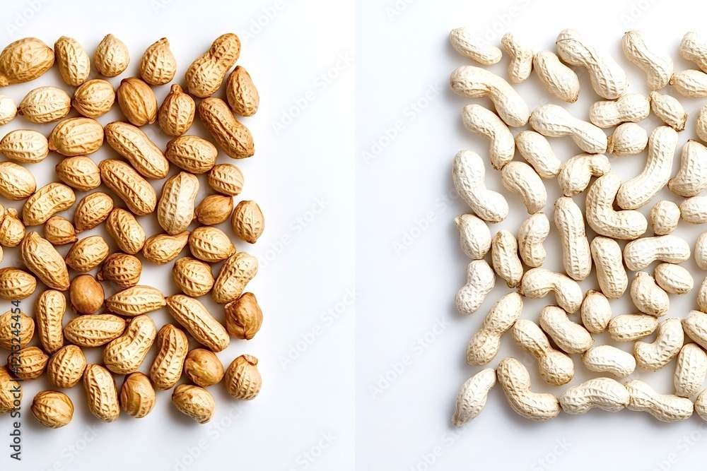 Poster roasted peanuts in shell forming a group on one side and blanched peanuts forming another group on t