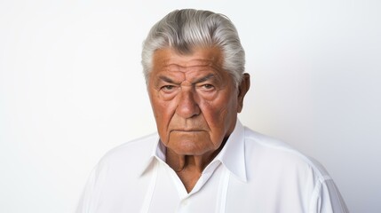 A selfassured senior man confidently poses for the camera, showcasing his vibrant personality against a clean backdrop.
