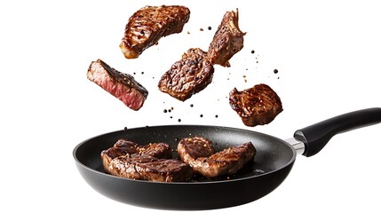 Hot roasted steaks falling into a frying pan on white background with crispy edges