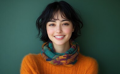 Obraz premium Smiling woman in orange sweater with colorful scarf posing against green background