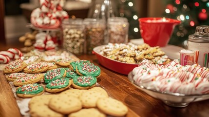 Festive Christmas cookies, treats, table, home, background