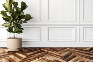 Modern Indoor Plant Decoration Featuring a Fiddle Leaf Fig in a Stylish Woven Basket against a Minimalist White Wall with Wooden Flooring