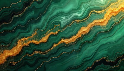 Abstract luxurious design featuring emerald green marble, gold swirls. Natural marbling effect creates rich background ideal for wallpaper fashion design. Emerald green, gold colors combined with