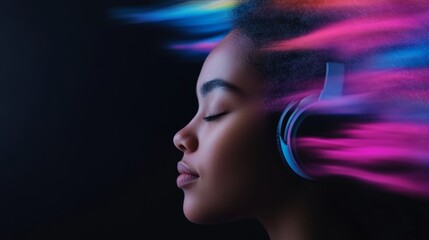Young woman enjoying music with headphones while experiencing colorful sound waves around her in a dark environment