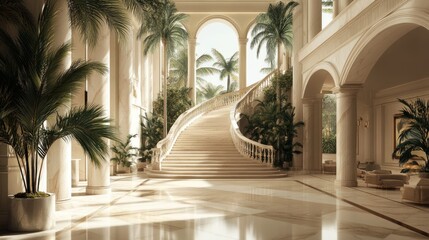 Grandiose Palace Interior with Luxurious Staircase and Tropical Plants