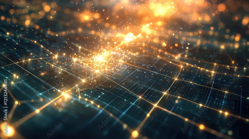Poster golden particles are flowing and glowing on a futuristic digital network grid, creating a mesmerizin